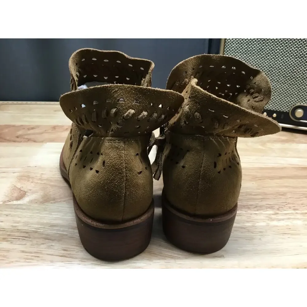 Sofft Bristow Saddle Suede Ankle Booties Women's 8.5 Tan Laser Cut Side Zip